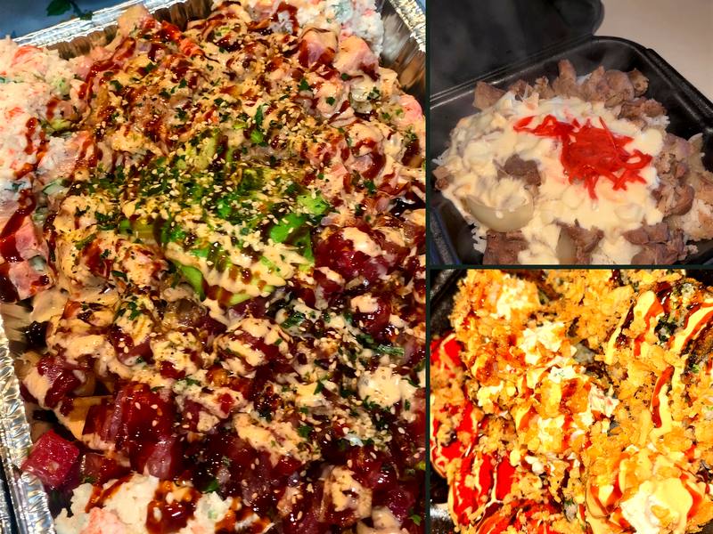 Half & half poke nachos, beef bowl with clam chowder, and Munchie Mayhem